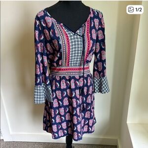 Red Camel Long Sleeve Dress with Navy and Pink Patterns